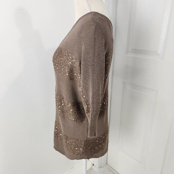 Express Sweater Womens Small Brown Striped Sequins Lightweight Pullover V Neck - Picture 4 of 13